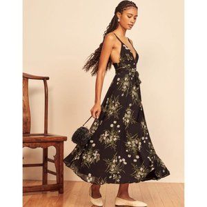 Floral Tie-Waist Black Maxi Dress